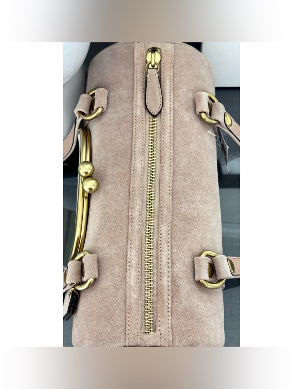 COACH Kisslock Medium Suede Barrel Bag, NUAGE - Picture 6 of 9